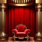 Preview: Roter goldener Sessel vor einen roten Vorhang der zwischen zwei golden Säulen steht